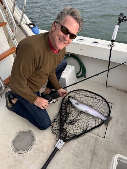 First Mate Ken netting a Steelhead Trout on Lake Erie while running a Fishing Charter on October 2023 out of Grand River Ohio on this 35' Viking Fishing Boat.